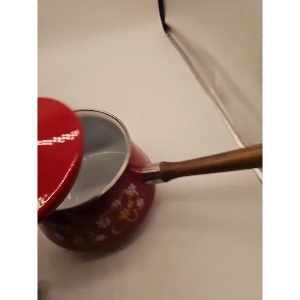 Vintage Epicure Enamel Fondue Pot‎ Retro Red Floral Excellent Condition Pot Only